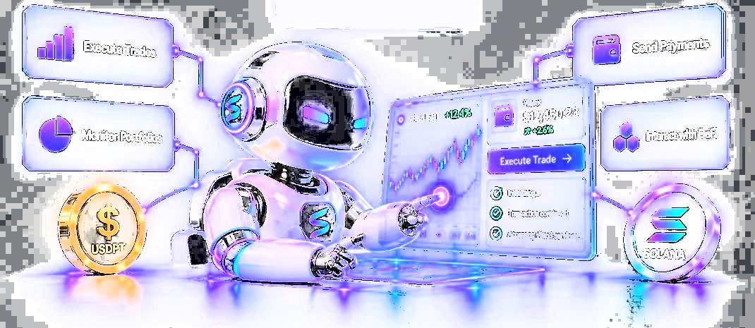 SOVA AI agent robot executing trades, monitoring portfolios, sending payments and interacting with DeFi