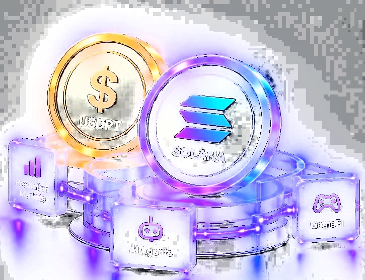 USDPT and Solana coins on a platform linked to Prediction Markets, AI Agents and GameFi
