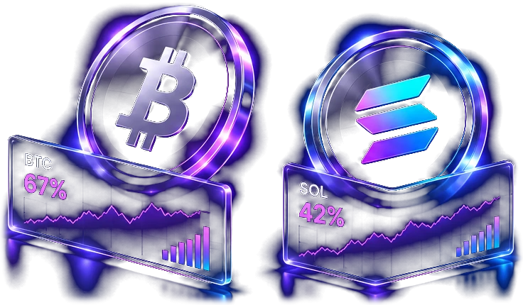 BTC 67% and SOL 42% prediction cards